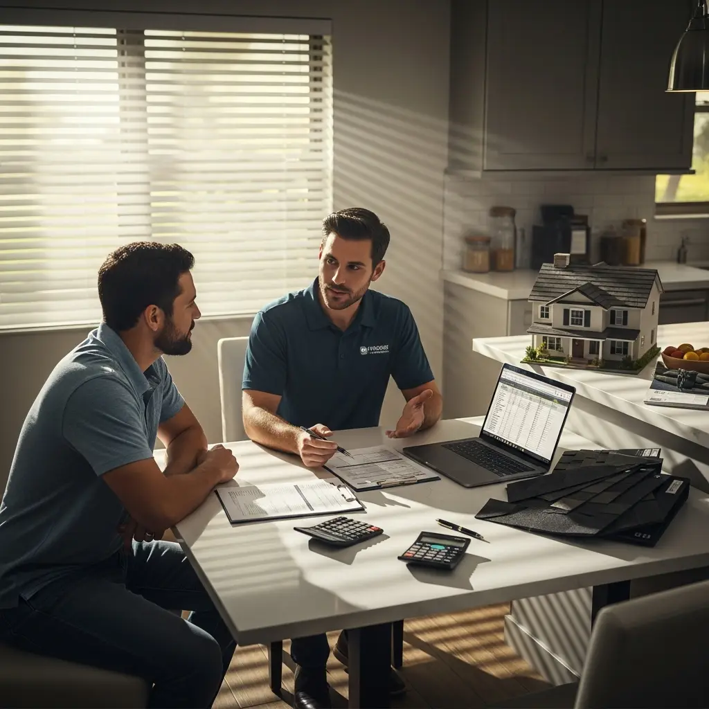 Estimator reviewing a roof report and shingle samples with a homeowner at their kitchen table