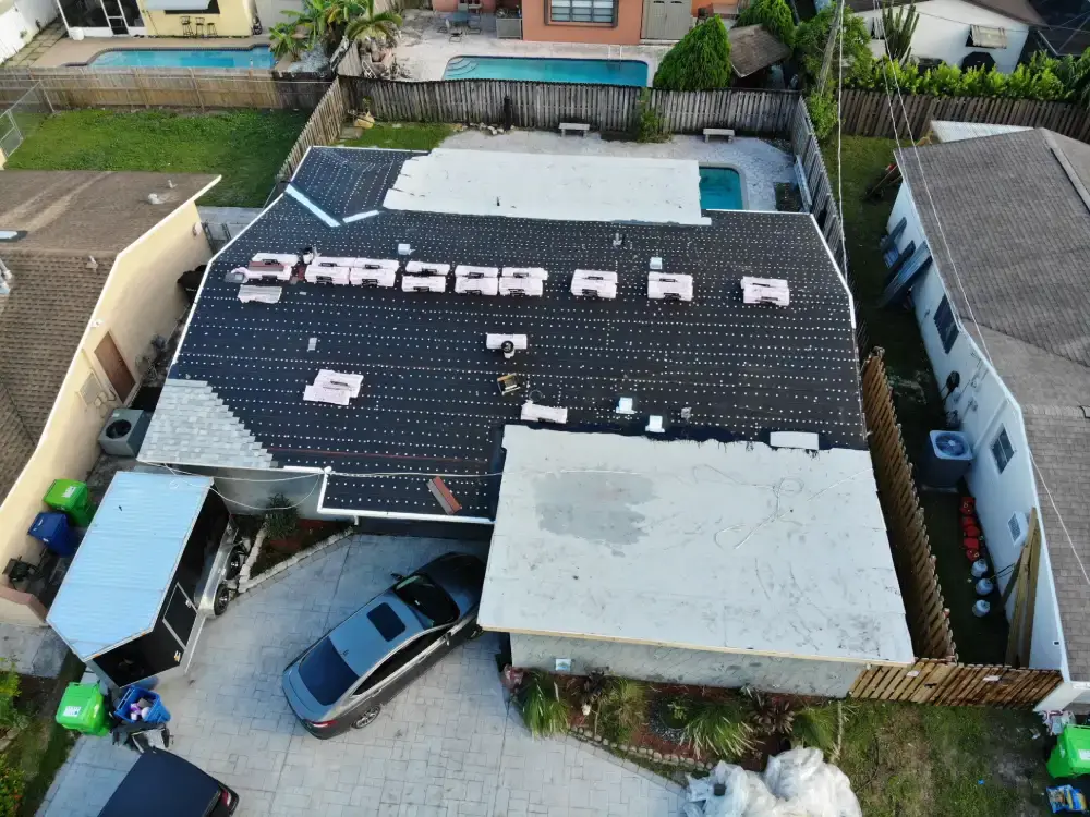 Aerial view of a South Florida roof being replaced with new underlayment