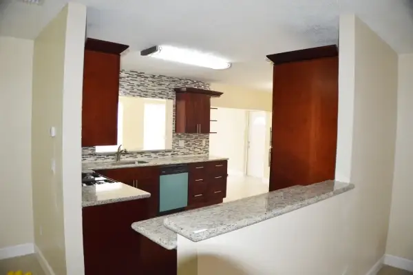 Open-plan kitchen remodel with breakfast bar and stainless appliances