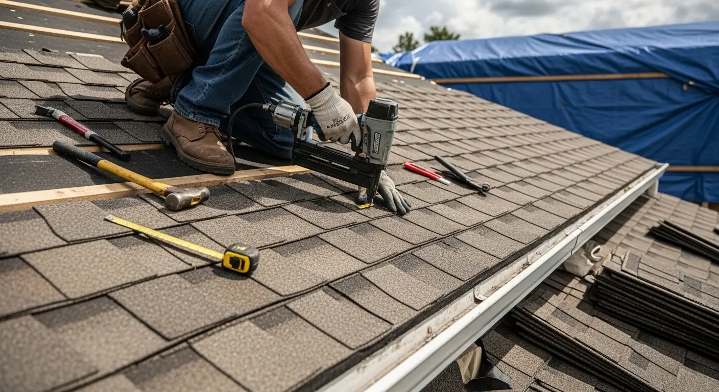 Roofer installing new architectural shingles on a South Florida home