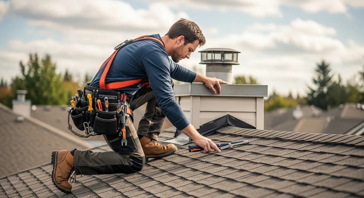 Roofer sealing a flashing detail on a shingle roof so runoff is directed to the eave