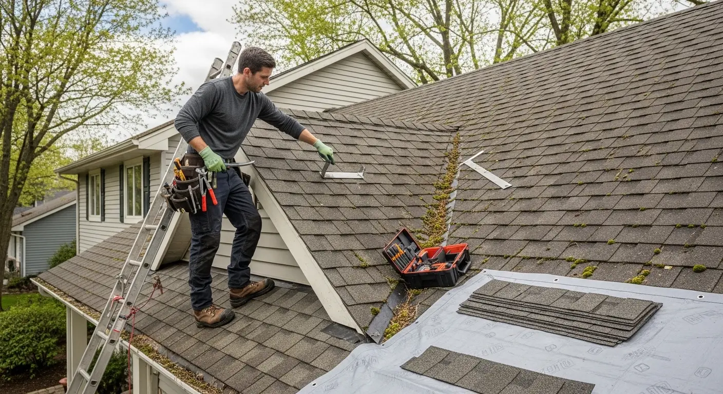Roofer walking a weathered shingle roof with a pry bar, clearing moss from a valley beside an open tool box