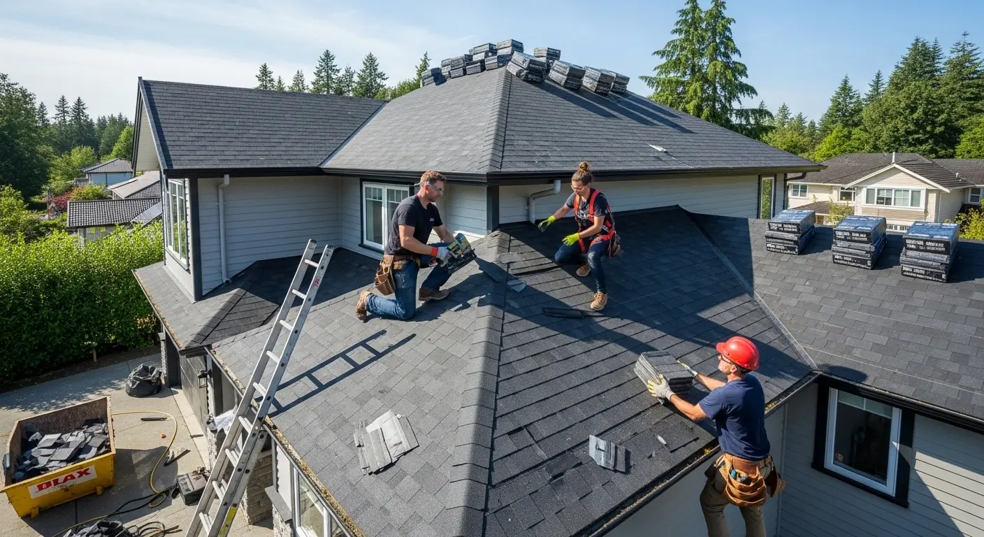 Roofer carrying materials up a ladder on a Miami-Dade County, Florida home
