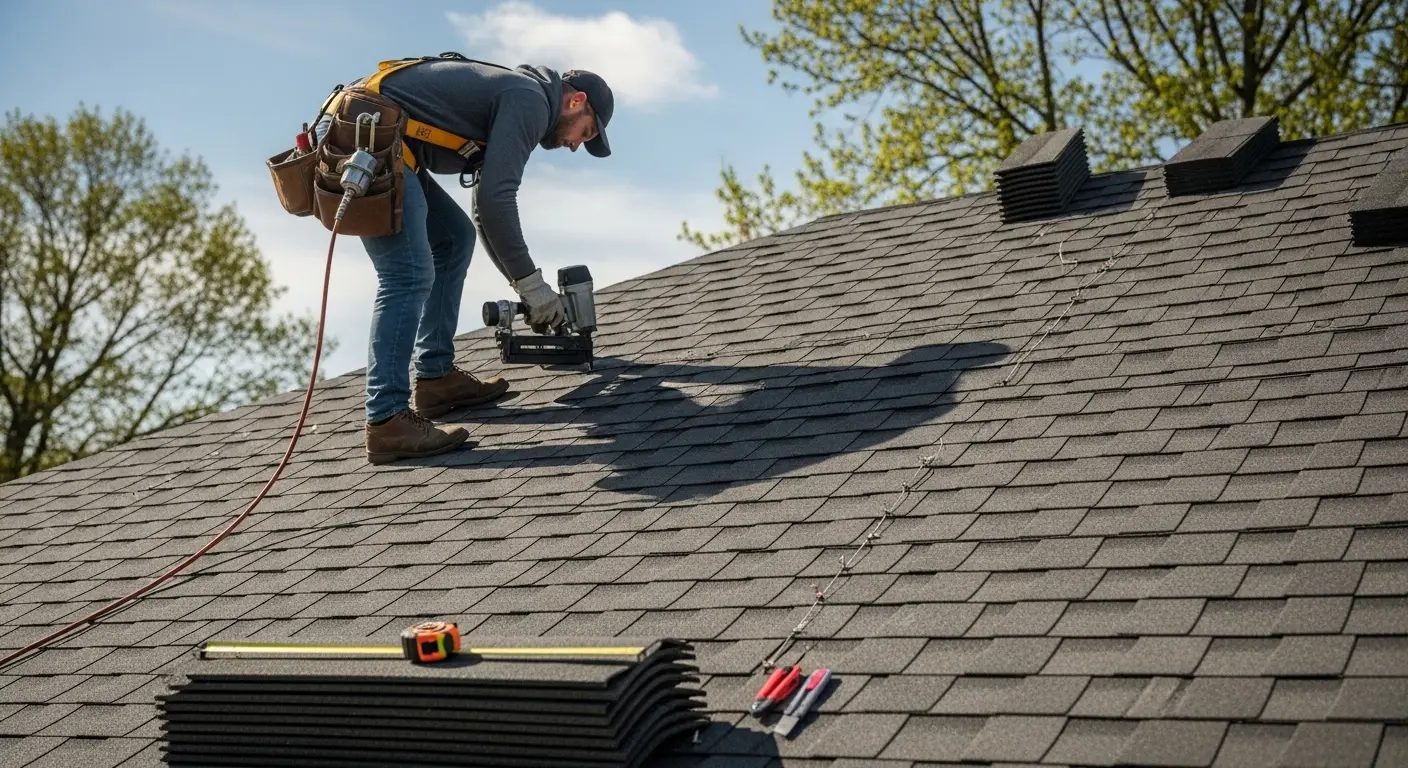 Roofer kneeling on a roof nailing a course of gray architectural shingles with a nail gun