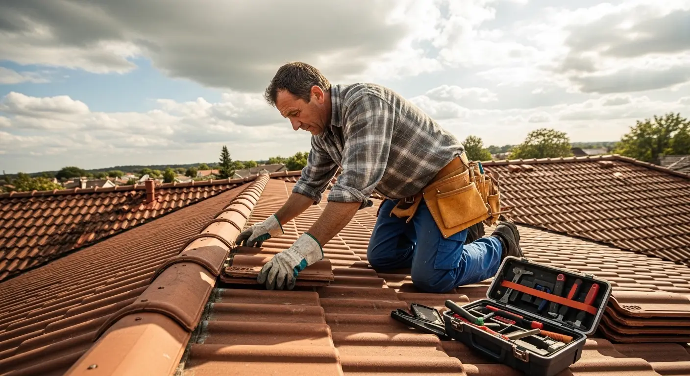Roofer kneeling on a terracotta barrel tile roof setting ridge tiles, tool bag beside him