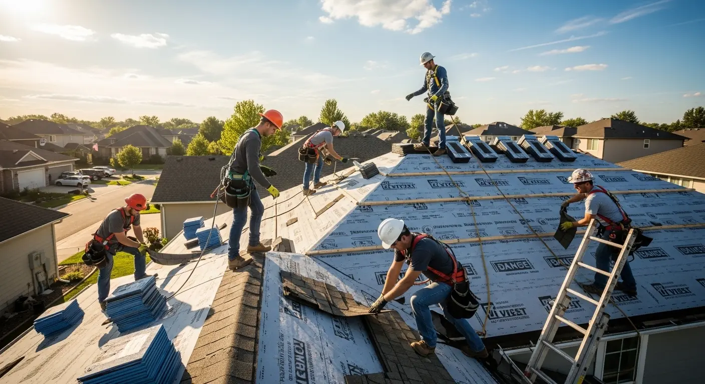 Roofing crew rolling out and fastening membrane across a bare plywood deck with a ladder set at the eave