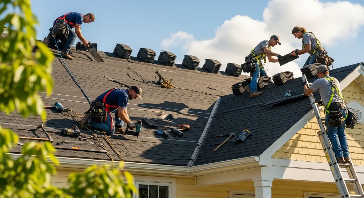 Roofing crew installing shingles on a yellow clapboard house, one nailing a course while others carry bundles along the ridge