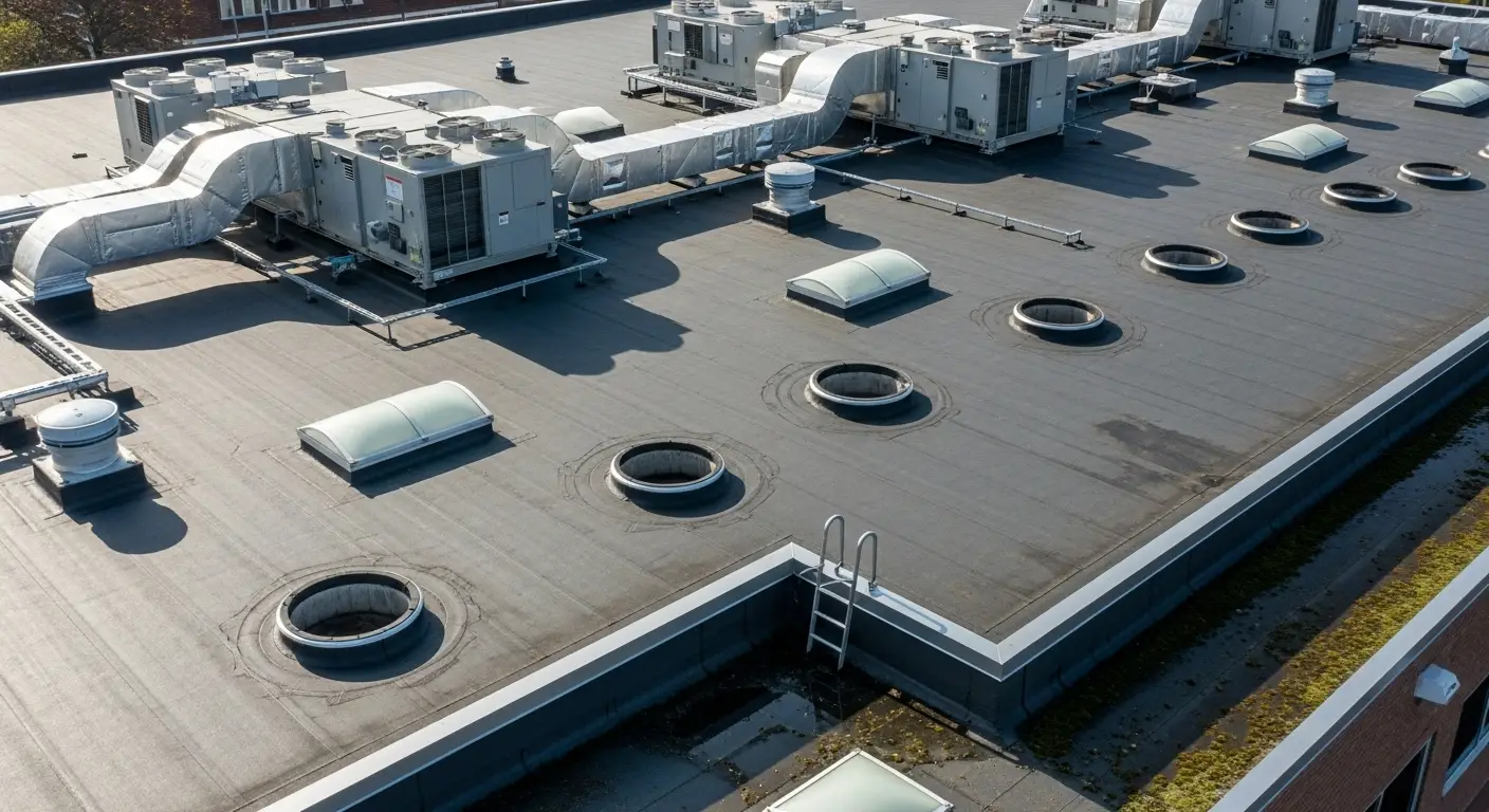 Commercial low-slope roof with rooftop air handling units, ductwork, curbs and skylights behind a parapet wall