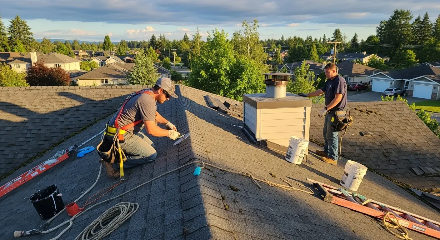 Roofing estimator inspecting shingles and flashing during a free roof inspection