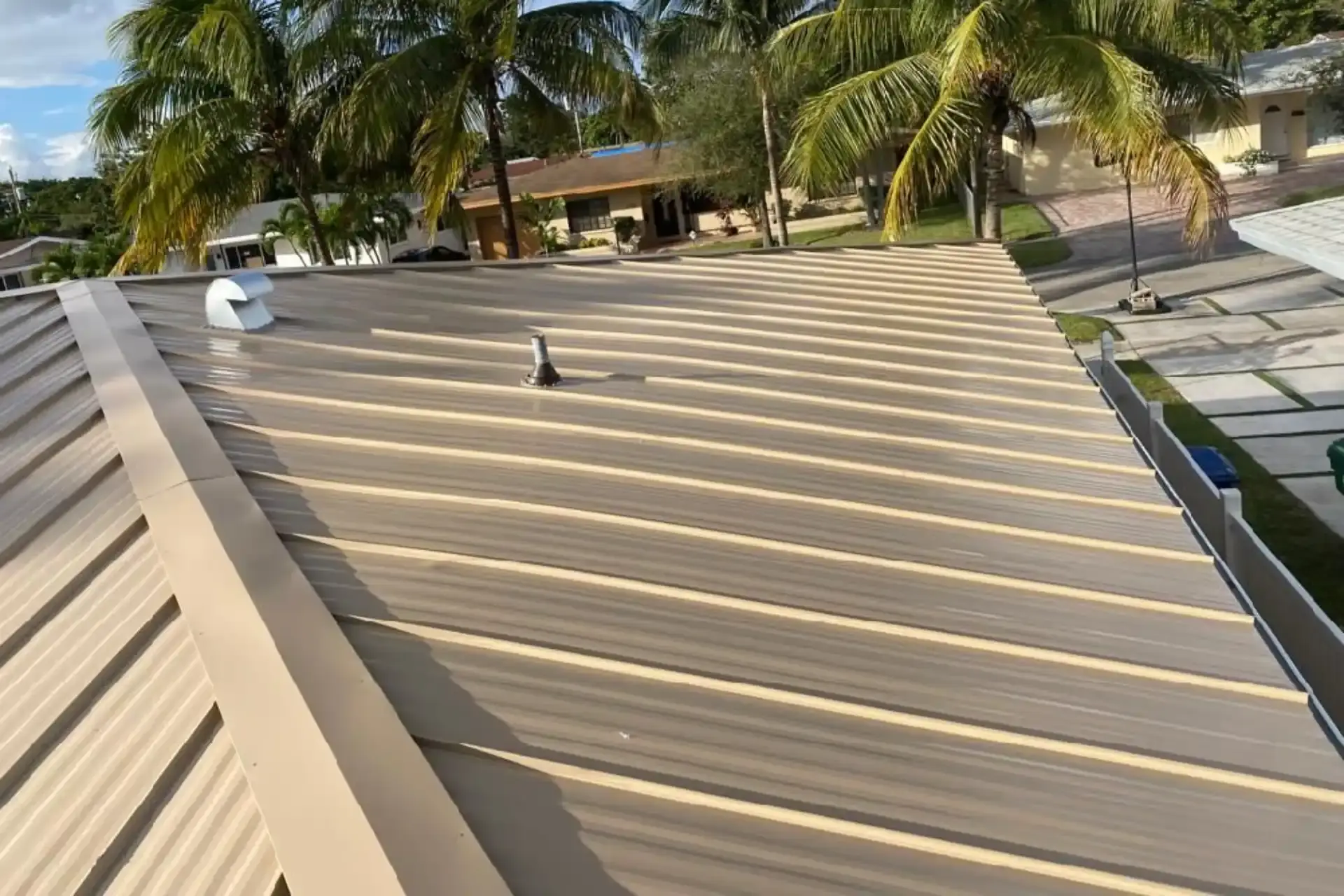 Standing-seam metal roof installed on a South Florida home surrounded by palm trees