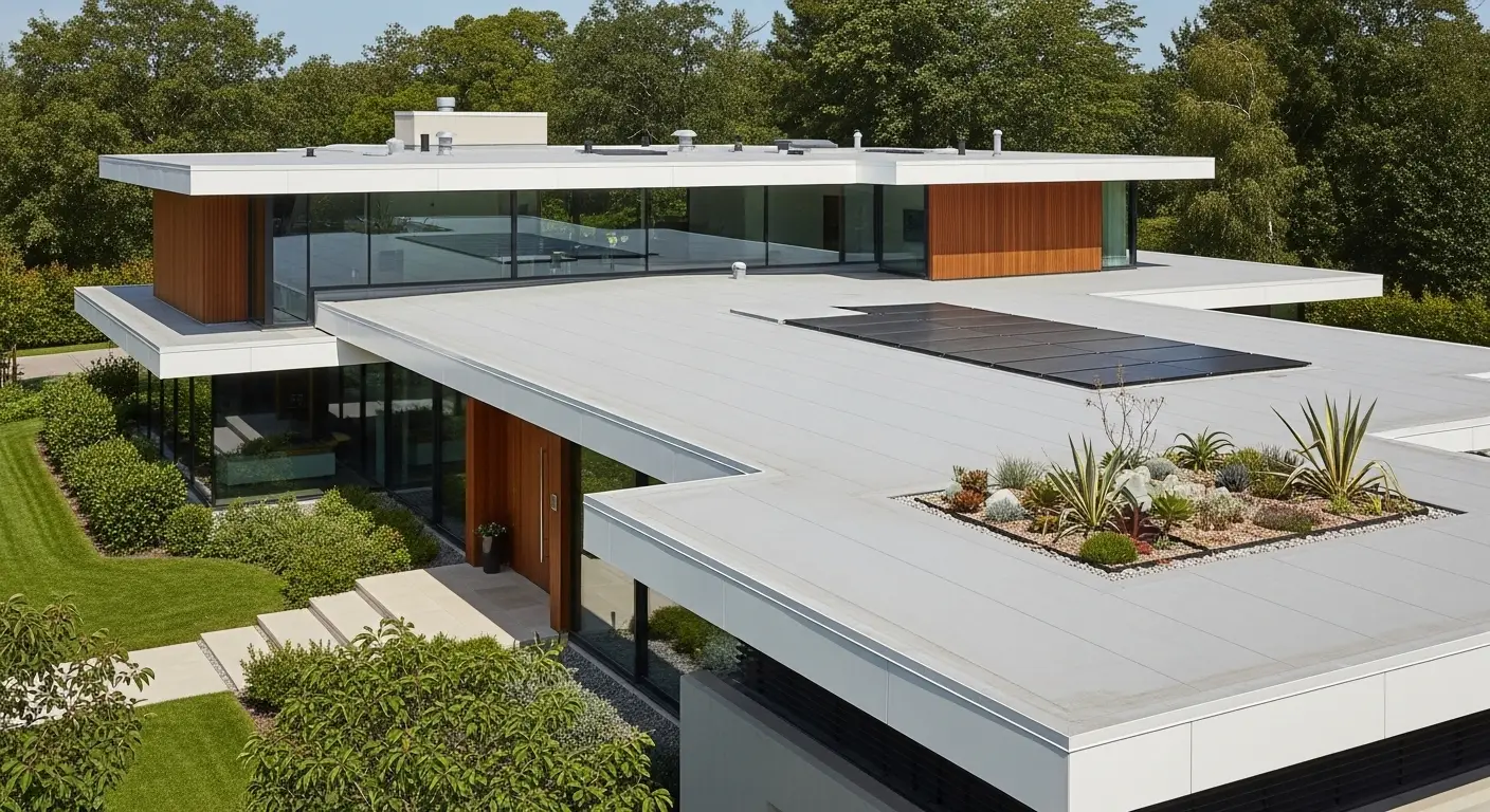 Contemporary single-story home with a bright white flat roof, wide overhangs and glass walls, viewed from above