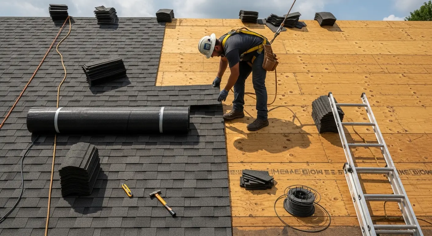 Crew removing old roofing and installing a new roof system on a South Florida single-family home