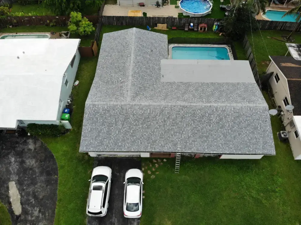 Drone view of a tile roof replacement underway on a Miramar, Florida home